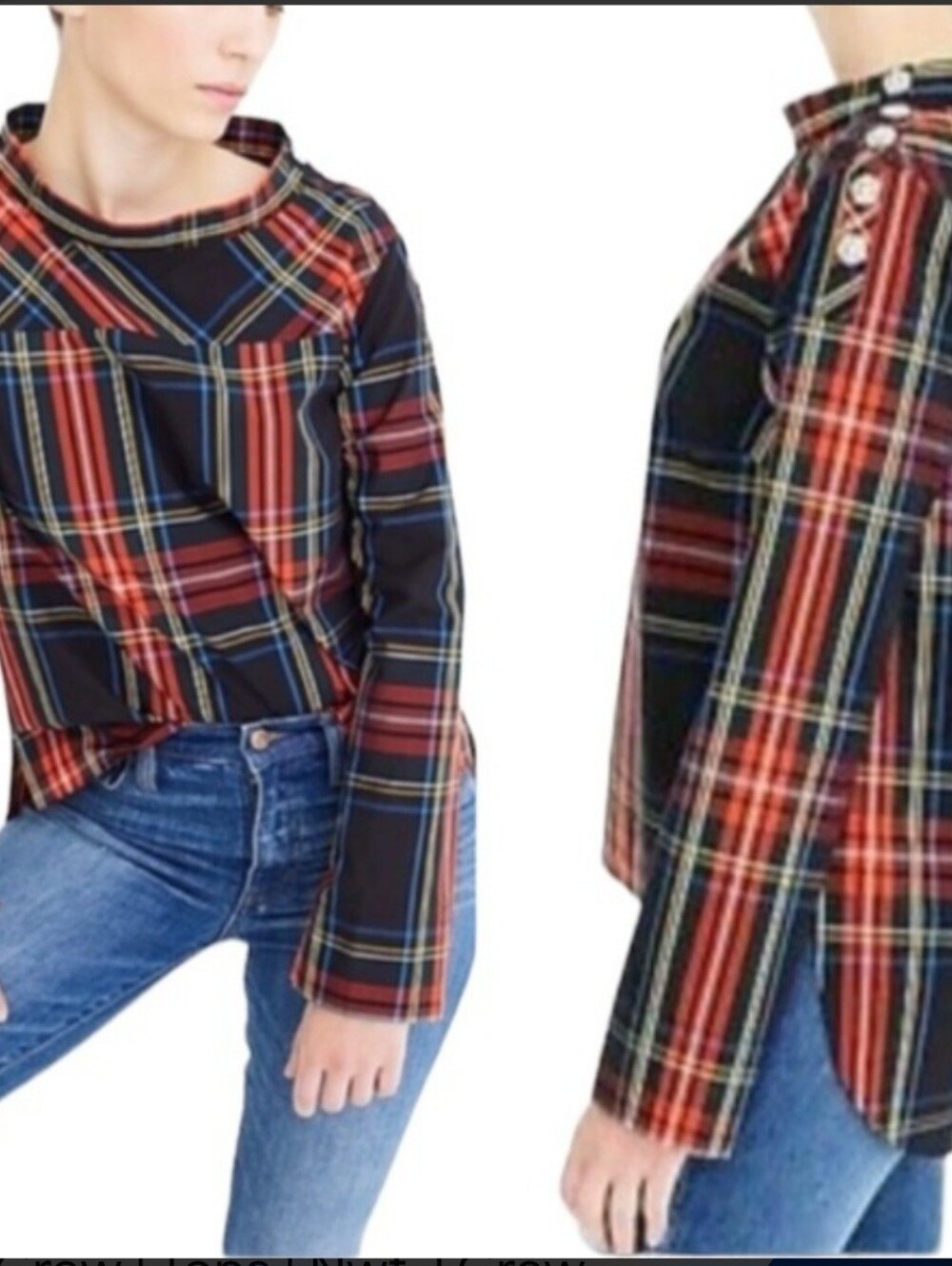J. Crew Funnelneck  Plaid Long-Sleeve Top - Black, Red & Blue Sz 2